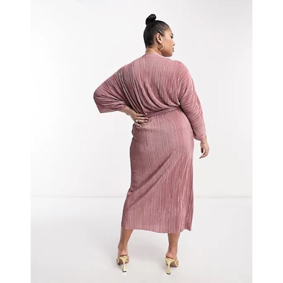 ASOS DESIGN Curve plisse midi wrap dress with belt in rose - Picture 3 of 7